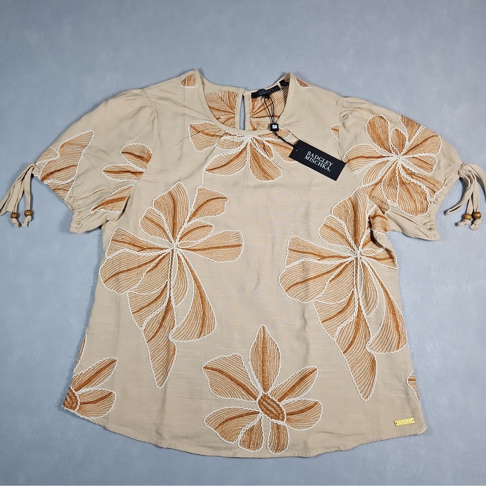Badgley Mischka Womens Tan Floral Linen Blend Short Sleeve Top Size Large NWT
